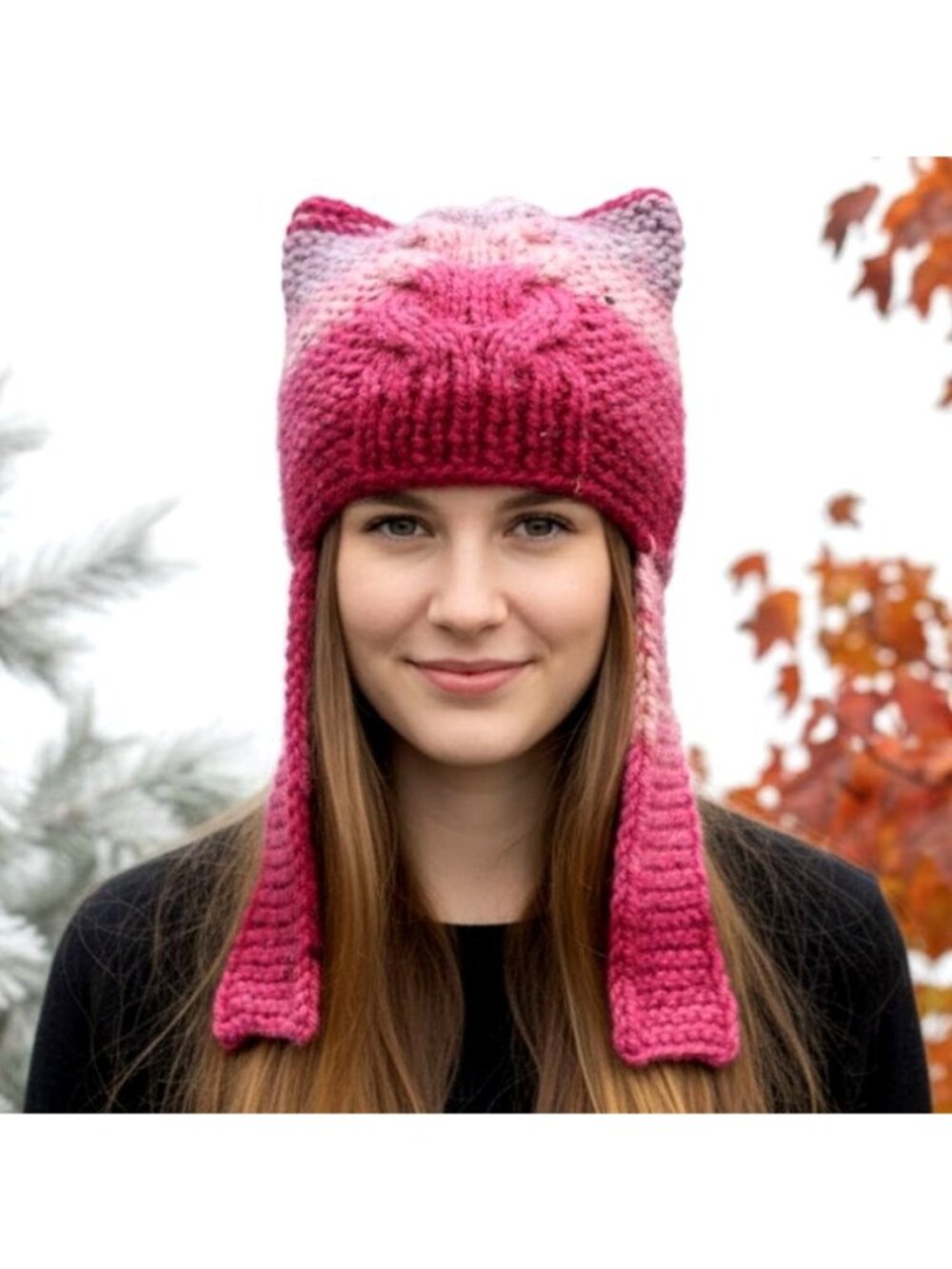 ⭐Handmade Pink Knit Cat Ear Beanie Soft Winter Earflap Hat Cozy Gift New